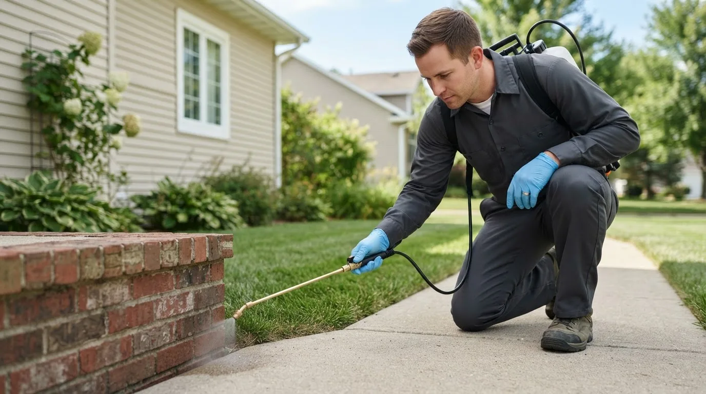 Pest control technician treating a home near Napoleon, ND