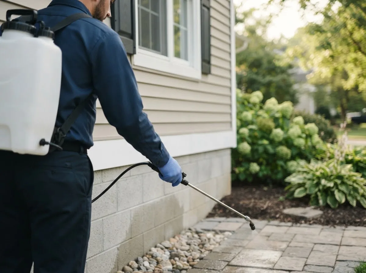 Pest control technician inspecting a home in Napoleon, ND
